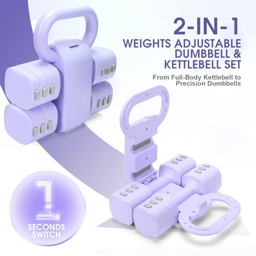 Adjustable 2-in-1 Convertible Kettlebell & Dumbbells Set, 4 in 1 Free Weights Dumbbell Set of 2, Each 2.2 3.3 4.4 5.5lb Quick Change Women Dumbbell Set for Home Exercise Training - color: Purple