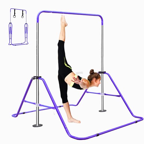 Gymnastic Bars for Kids with Attachable Rings, Height Adjustable Junior Training Horizontal Bars, Foldable Gymnastic Training Kip Bar for Home - color: Purple