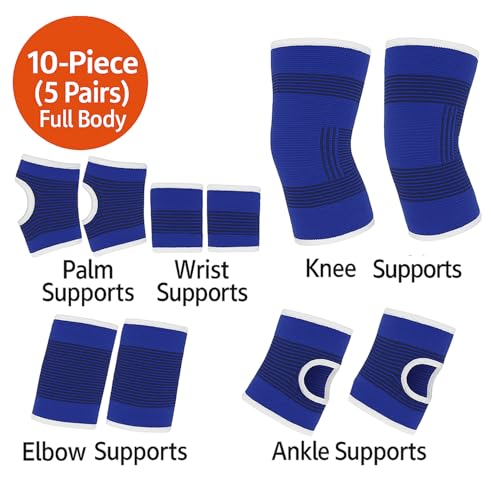 10-Piece Compression Support Brace Set for Knee, Elbow, Wrist Palm & Ankle | Joint Muscle Pain Sleeves For Gym Workout Recovery, 5 Pairs Of Athletic Braces For Sports Injury, Arthritis, Men & Women.