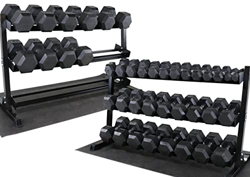 WF Athletic Supply Rubber Coated Hex Dumbbell Set, Multiple Choices Available - Dumbbells with Rack Stand and Mat, or Dumbbells Only (200/550/1200/2100/3000 LB) - color: i. 5 - 100LB w/ 3-tier Rack and Mat