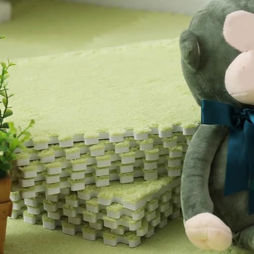 Thickened Soft Plush Foam Interlocking Floor Carpet Mat, 24 Pcs 12x12x0.4 Inch Fluffy Square Puzzle Foam Carpet Tiles with Edgings(Color:Green) - color: Green