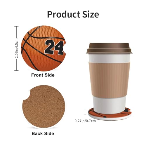 Basketball No 24 Car Coasters for Cup Holders, 2 Pack Absorbent Ceramic Drink Cup Coaster for Women Men, Auto Interior Accessories - color: T1
