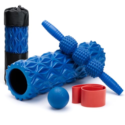 5 in1 Foam Roller Set, Trigger Point Foam Roller, Massage Roller Stick, Massage Ball, Resistance Band for Deep Muscle Massage Pilates Yoga,Fitness Exercise for Whole Body (Pure Blue) - color: Pure Blue
