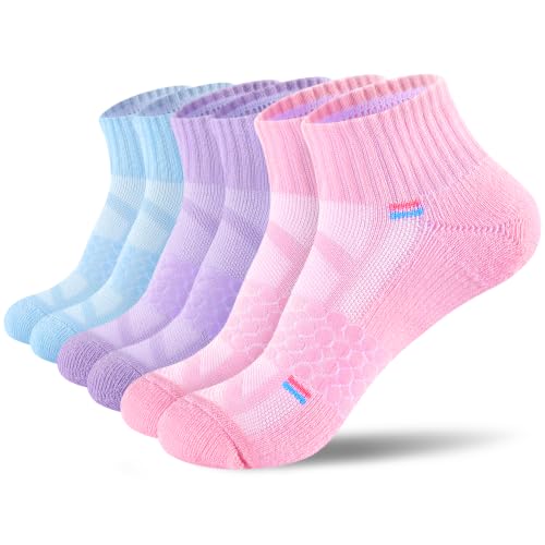 IRAMY Light Compression Socks for Women Arch Support Athletic Cushioned Anti-Blister Comfort Running Ankle Socks 3/5 Pairs - color: Pink+purple+light Blue(3 Packs), size: 9-11