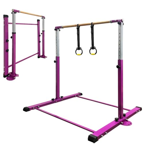 Gymnastics Bar for Kids Girls Ages 3-15 with Ring for Home Indoor Training Equipment- Steady Steel Construction, Anti-Slip, Easy to Assemble, 3' to 5' Adjustable Height - color: VIOLET, size: 4.8FT, style: WITH RING