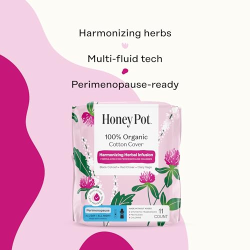 Honey Pot - Perimenopause All Day All Night Pads for Women - 100% Organic Cotton Top Sheet - Feminine Care - Multi-Fluid Absorbency - Harmonizing Herbs of Black Cohosh, Clary Sage, & Red Clover - 11ct - size: 11 Count (Pack of 1), style: Peri-Menopause Al