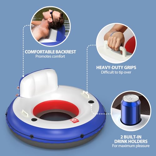 QPAU Inflatable River Tube, 0.4 mm Thickened Puncture-Resistant Heavy Duty River Float, River Raft with Ergonomic Backrest, Mesh Bottom & 2 Cup Holders for Adults and Friends Lake Float - color: D-Orange&Blue