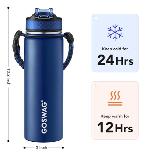 GOSWAG 24oz Insulated Stainless Steel Travel Water Bottle, 2 Lids | with straw and no straw, Paracord handle, Double-wall vacuum keeps drinks cold or hot, Leakproof tumbler - color: Matte Navy Blue