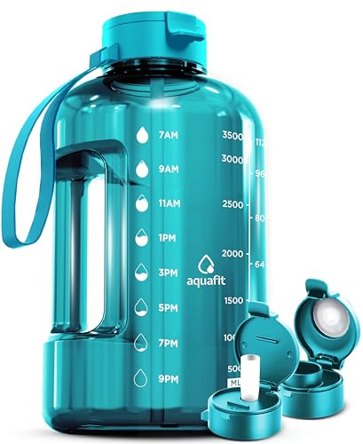 AQUAFIT 1 Gallon Water Bottle with Time Marker | BPA Free 128 oz Water Bottle with Straw and Chug Lids - Leakproof Gym Water Bottle with Carry Handle (Aqua) - color: Aqua, style: 128 oz - 2 Lids