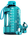 AQUAFIT 1 Gallon Water Bottle with Time Marker | BPA Free 128 oz Water Bottle with Straw and Chug Lids - Leakproof Gym Water Bottle with Carry Handle (Aqua) - color: Aqua, style: 128 oz - 2 Lids