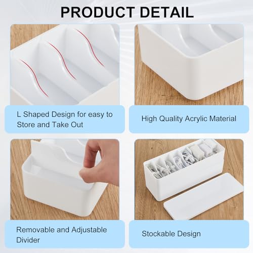 Tatuo 2 Pcs Cord Organizer for Drawer Desktop, Cable Organizer Box with 8 Compartments and Wire Ties, Plastic Charger Storage with Lid, Electronics Case for Home Office Accessories (Small,White) - color: White
