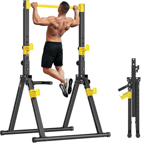 SogesHome Power Tower Dip Station Pull Up Bar for Home Gym, Adjustable & Foldable Multifunction Fitness Workout Station with Triangular Stability Design for Strength Training - color: Black Yellow