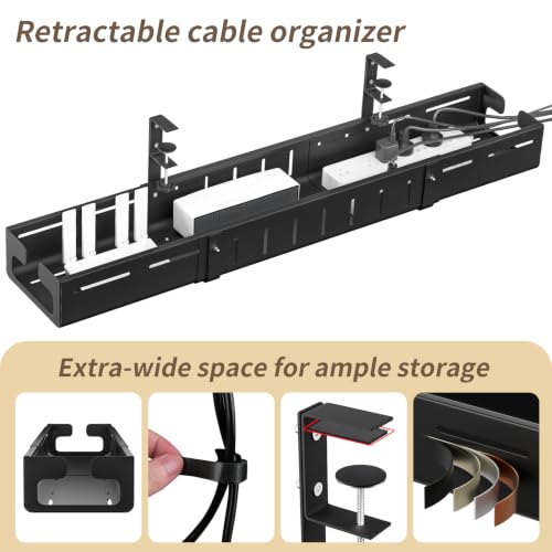 Under Desk Cable Management Tray, Expandable 25.2"– 38.6" No Drill with Clamp Mount Cord Management, Black Carbon Steel Cord Organizer for Desk, Home, Office