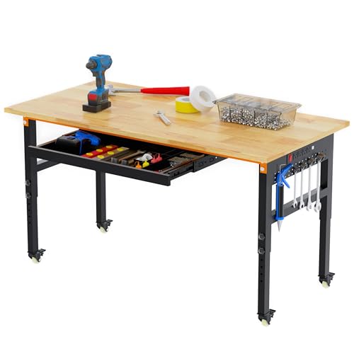 Betterhood 60" Adjustable Workbench on Wheels, 2000 LBS Heavy Duty Work Table with Power Outlets & Pegboard, Rubber Wood Workstation for Garage, Workshop, Office, Home, Commercial - size: Metal Wheels / Power Outlets / Drawer / 60"x24"