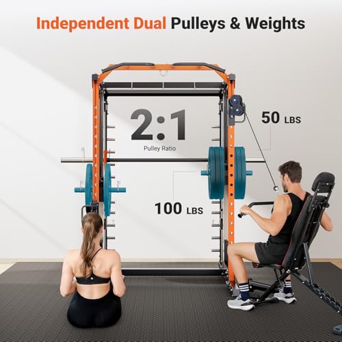 YOLEO Smith Machine & Squat Rack Combo, Multi-Functional Power Racks with Adjustable Width & Pull-Up Bar, Cable Crossover Power Cage, Independent Dual-Pulley System for Home Gym Garage Basement - style: 1800LB Multi-Functional Smith Machine