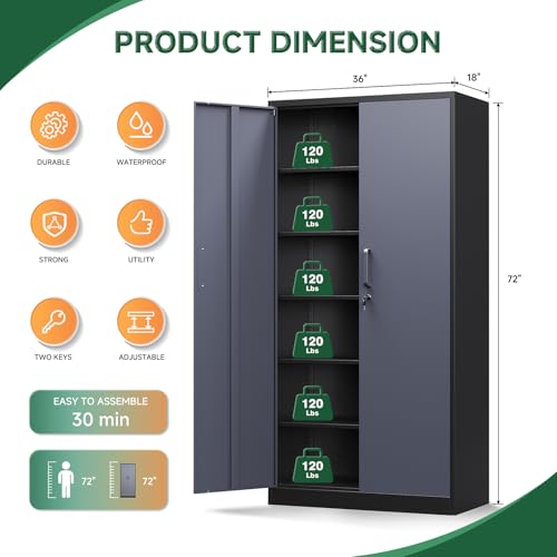 Letaya Metal Storage Cabinet with Lock Door and 5 Shelves,6 Tier Steel Garage Tool Cabinet for Home Office Utility Room 72" H X 36" W X18 D (Black Gray) - color: Black Grey, size: 72 X 36 X 18 In(H X W X D)