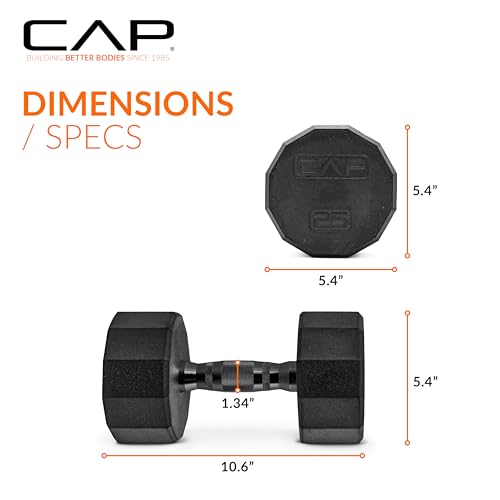 CAP Rubber Coated Dumbbell Weights, Free Weights for Home Gym Strength Training, Anti-Roll Hex Dumbbells with Black, Chrome & Comfort Grip Handles, Singles - size: 25 lb, style: 12-Sided - Black Handle