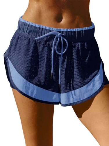 Fisoew Women Athletic Shorts 2 in 1 Running High Split Color Block Workout Yoga Mesh Shorts Pocket Drawstring - color: Dark Blue, size: Small