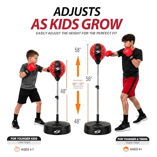 NSG Punching Bag for Kids & Boxing Gloves Set - Adjustable Freestanding Speed Bag with Spring-Loaded Stand, Junior Boxing Gloves & Hand Pump - Portable, Easy Assembly for Boys, Teens, Toddlers Ages 4+ - size: Large