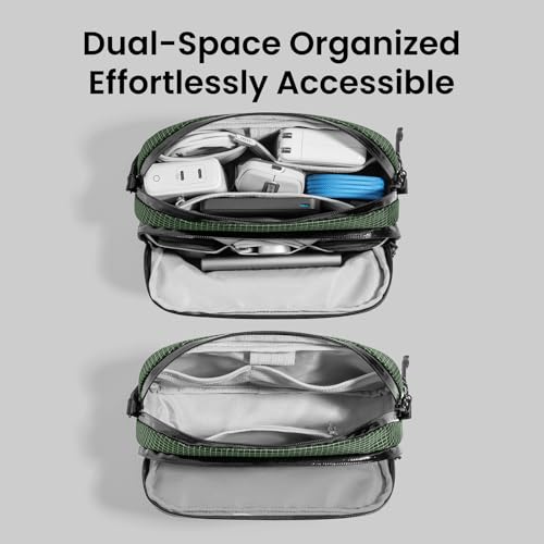 tomtoc Electronic Organizer Travel Case Performance, Water Resistant Dual Compartment Cable Organization Storage Bag for Charger, Cord, Phone, Hard Drive, Power Bank, Accessories Travel Essentials - color: Green Plaid, size: Medium