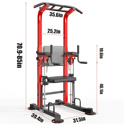 SogesPower Power Tower Dip Station Pull Up Bar for Home Gym Multi-Function Adjustable Height Strength Training Workout Equipment - color: Red