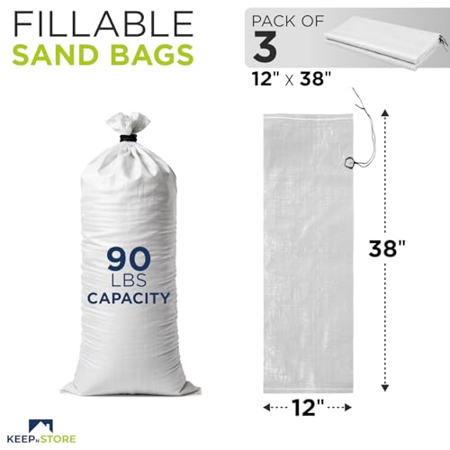 Heavy Duty Sand Bags Pack of 3, White Empty Sandbags with Built-In Ties, Woven Polypropylene UV Protection 1600 Hours, Fillable Bags for Flood Control, Weight, 38x18 inches, 90 Pounds Volume
