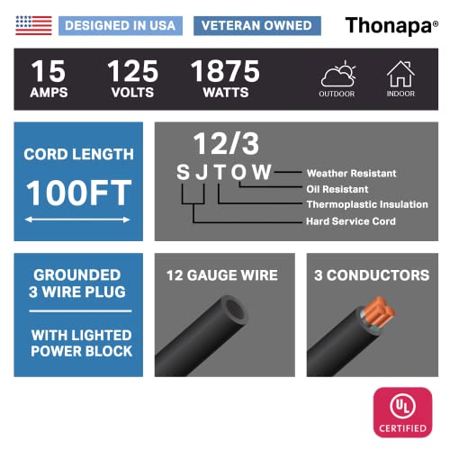 Thonapa 12 Gauge Extension Cord 100 Ft Outdoor - 12/3 Heavy Duty, SJTOW Oil | Resistant Black Cable, Lighted End, 3 Prong, Grounded Plug, For Job Sites, Garden & Major Appliances - color: Black, size: 100 Foot
