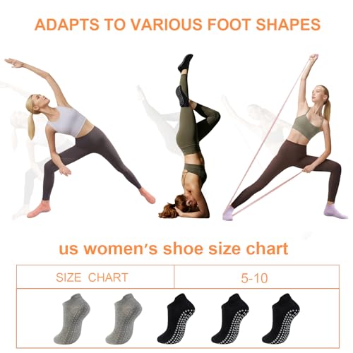5 Pairs Pilates Socks with Grips for Women Non Slip Grip Yoga Crew Socks for Barre Hospital Barefoot - color: B - 3 Black 2 Gray