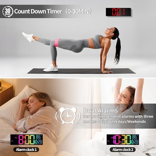 16.5" Digital Wall Clock with Bluetooth Auto-Sync, Large LED Display, Smart Auto Dimming, DST, Remote Control, Night Light, Date & Temperature for Living Room, Black - color: Black-multicolor