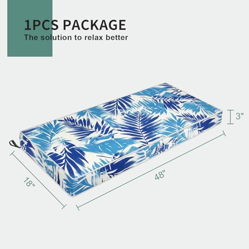 Outdoor Bench Cushion 48 x 18 inch Water-Resistant Patio Furniture Cushions for Garden Swing Porch Sofa Settee Pads with Handle and Adjustable Straps, Blue Leaf - color: Leaf Blue, size: 48x18x3 Inch-Rectangle (1 Pack)