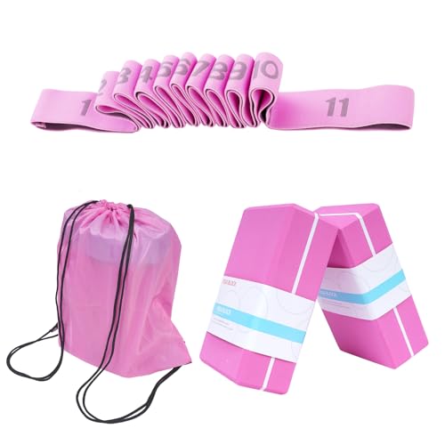 High Density Yoga Blocks 2 Pack with 11 Loops Stretch Band, 350g Non-Slip Foam Exercise Bricks for Pilates & Dance, Pink Gym Accessories with Carry Bag for Flexibility, Balance & Rehab Training - color: Pink Brick & Pink Band