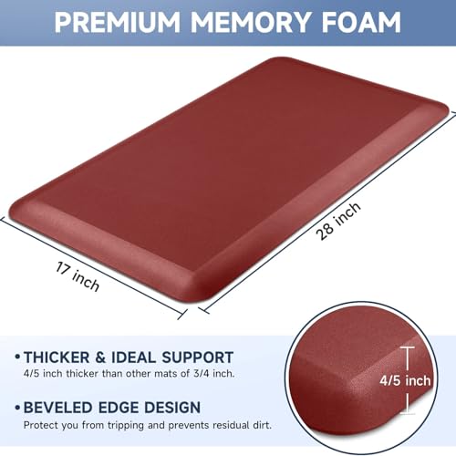 StepRite 4/5 Inch Thick Kitchen Mat Anti Fatigue Mat Kitchen Rugs Kitchen Decor Non-Slip, Stain & Water Resistant, Kitchen Mats Desk Mat for Kitchen, Office, Workshop, Red, 17'' x 28'' - color: Red, size: 28"L x 17"W x 0.8"Th