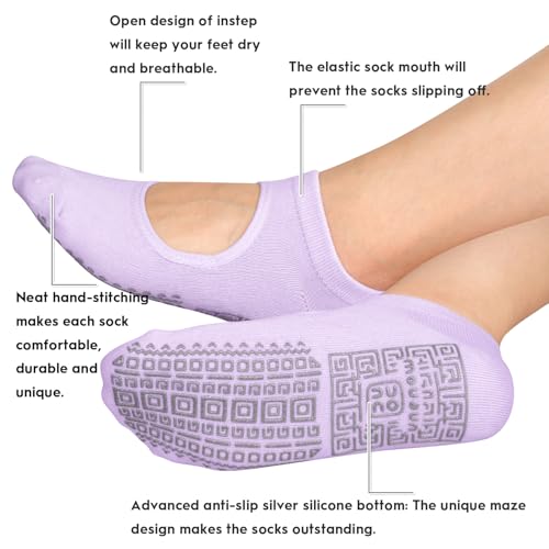unenow Non Slip Grip Yoga Socks for Women with Cushion for Pilates, Barre, Home - color: 4 Pairs-black/White/Pink/Purple