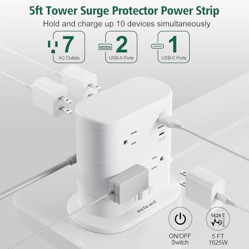 10 in 1 Surge Protector Power Strip Tower - 5Ft Flat Plug Extension Cord with 7 Outlets 3 USB Ports (1 USB C), Desk Power Strips with Surge Protection for Home Office Supplies Dorm Room Essentials