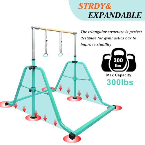 Foldable & Moveable Gymnastics Horizontal Bar with Rings,3’to 5’Adjustable Height Expandable Junior Kip Bar for Home,Indoor Gym Equipment for Kids - style: MAT-Teal with Rings