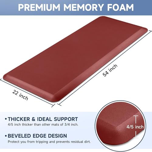4/5 Inch Thick Kitchen Mats for Floor, StepRite Kitchen Rug for Standing Desk, Non-Slip, Thicker, Stain & Water Resistant, Comfort Anti Fatigue Floor Mat for Home, Kitchen, Office - Red,54 * 22'' - color: Red, size: 54"L x 22"W x 0.8"Th