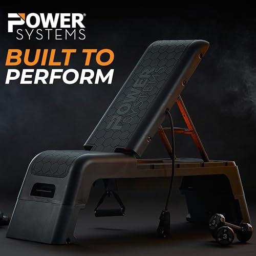 Power Systems Step Bench & Weight Bench | Aerobic Platform & Plyo Box for Cardio, Strength | Commercial Grade Full Body Home Gym Stepper with Adjustable Multifunctional Deck & Resistance Band Clips