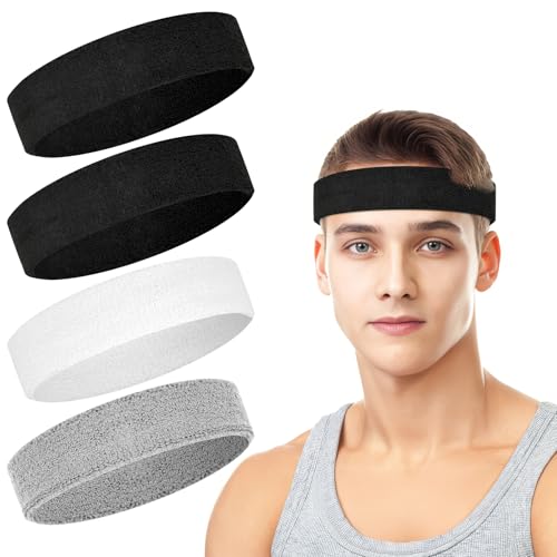 4 Pack Cotton Terry Sweat Headbands for Men Women Running Gym | 4 pack soft cotton terry headbands, Stretch 7 to 15 inches, Sweat-wicking, stays put for running, tennis, basketball & yoga - color: Black/Gray/White