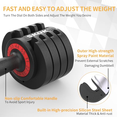 SKOK 25/55 lbs Pair Adjustable Dumbbells Set, Adjustable Weights Dumbbells Set for Men and Women with Anti-Slip Fast Adjust Weight by Turning Handle Dumbbell with Tray - color: 55lbs-Single