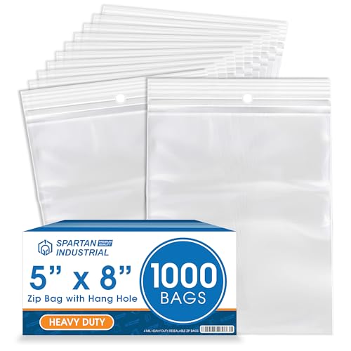 5" X 8" Heavy-Duty Zip Bags With Hang Hole for Displays (1000 Count) - 4 Mil Plastic Resealable Bags for Storage and Packaging - Spartan Industrial - size: 5" X 8"
