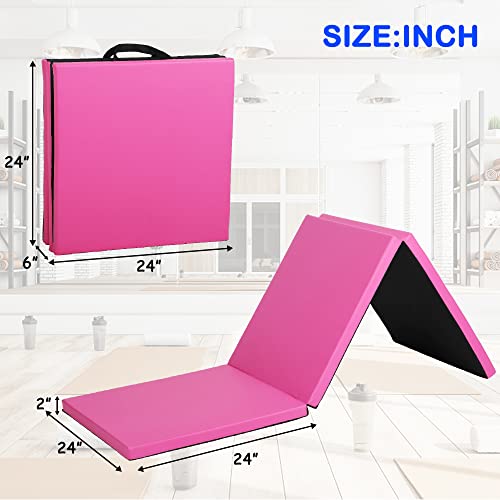 Gymnastics Tumbling Mat, 3 Folding Exercise Mat with Handle, All-Purpose Home Gym Mat for Tumbling, 6'x2'x2' - color: Pink