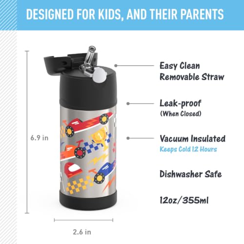 THERMOS FUNTAINER Water Bottle with Straw, 12oz, Hot Rods | Kids Stainless Steel Insulated Water Bottle, Keeps Drinks Cold Longer for School & Play, BPA-Free - color: Hot Rods, size: 12 Ounces