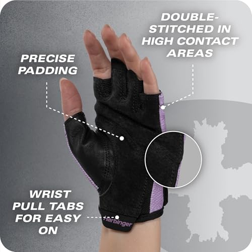 Harbinger Power Gloves 3.0 - Durable Half Finger Weightlifting Gloves with Adjustable Wrist Closure, Breathable Leather Palm, Small, Women's - color: Lavender, size: Small