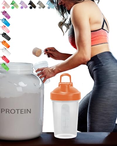 EBAT Clear Shaker Bottle w. Dark Orange Lid,Classic Loop Hook,Scale Marks of 12 OZ/400 ML,A Small Stainless Whisk Blender,BPA Free,PP5 Certified,Leak Proof,Dishwasher Safe(Other Color-Style Available)