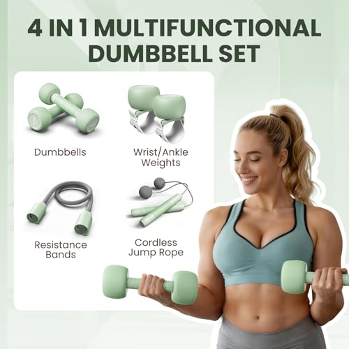 HTQ Adjustable Dumbbells, 4 in 1 Dumbbells Set Used as Barbell, Jump Rope, Wrist Weights, Resistance Band, Fitness Exercises for Home Gym Suitable for Women, Green