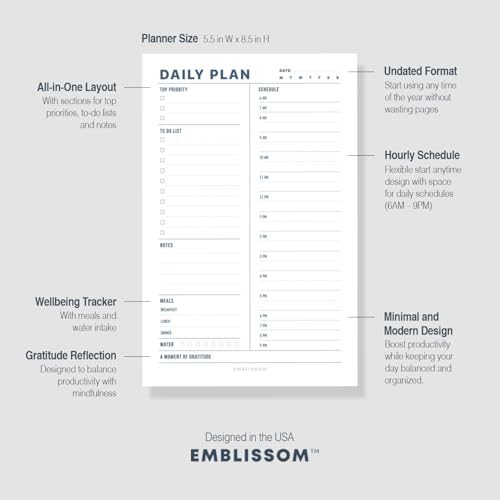 Daily Planner Notepad, 5.5 x 8.5" Tear-Off Pad – 70 Undated Sheets Focus-Enhancing Desktop Organizer with Hourly Schedule, To-Do List for Work, School (White, Minimalist, 2 Pack) - size: Minimalist, 2 Pack