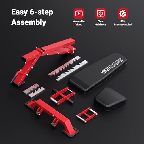 YOLEO Adjustable Weight Bench with Bench Press Stand, Foldable Workout Bench with Extended Head/Elbow Pad(for Users up to 7') - color: Red2