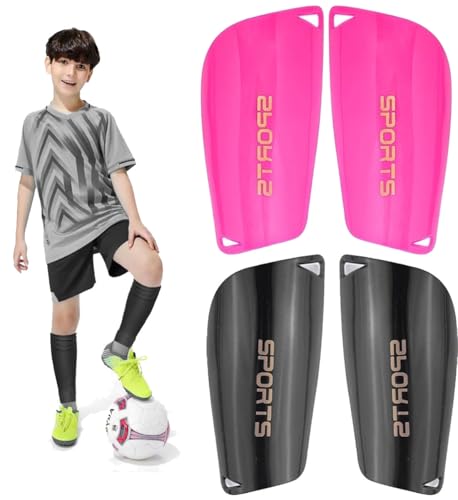 2 Pair Soccer Shin Guards Kids Youth, Shin Pads for 3-15 Years Old Boys and Girls Football Games EVA Cushion Protection Reduce Shocks and Injuries Lightweight Equipment - color: Black and Rose Red, size: Medium
