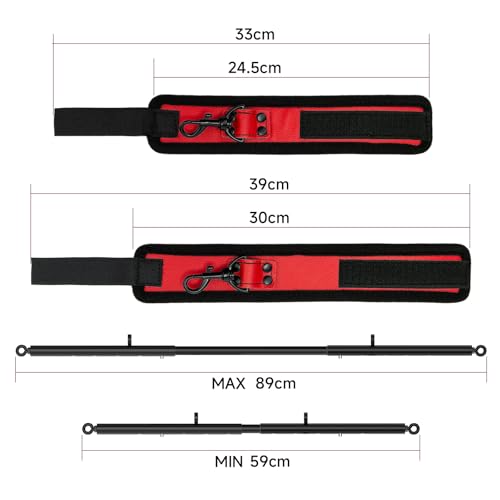 3 in 1 Heavy Duty Stainless Steel Expandable Spreader Bar with 4pcs PU Rose-Gold Adjustable Straps,Workout Bar for Home Gym Training Bar,Portable Detachable Pilates Kit - style: Black+Black-Red Furry Kit