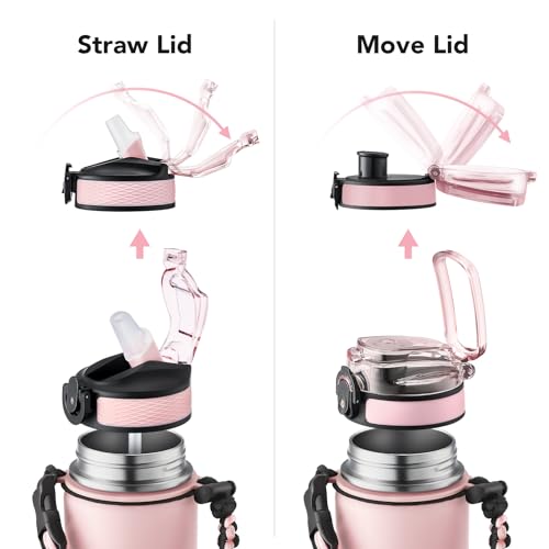 GOSWAG 24oz Insulated Stainless Steel Travel Water Bottle, 2 Lids | with straw and no straw, Paracord handle, Double-wall vacuum keeps drinks cold or hot, Leakproof tumbler - color: Matte Pink